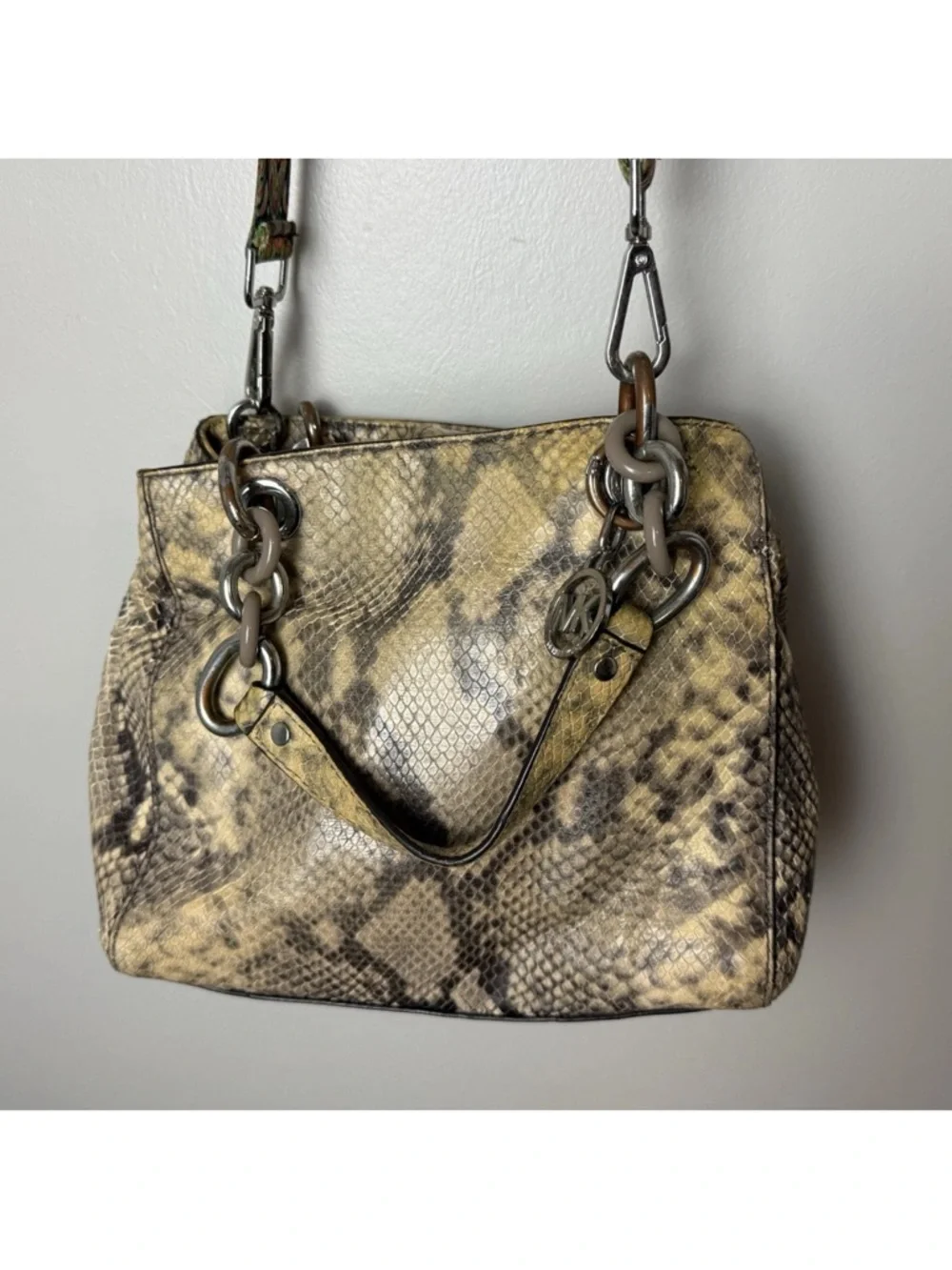 Michael Kors Satchel Brown Python Embossed Leather with 2 Charms - Picture 2 of 9